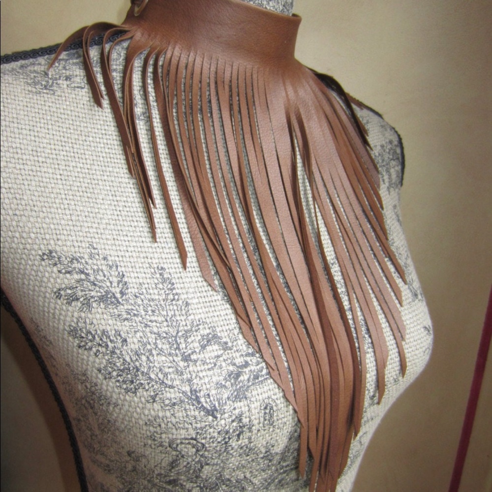 Brown soft leather Fringe choker
